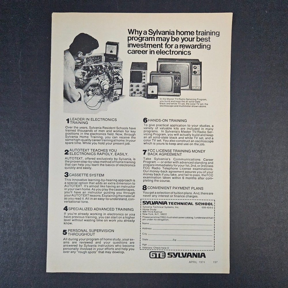 1974 GTE Sylvania Technical School Electronics Training Vintage Print Ad NYC